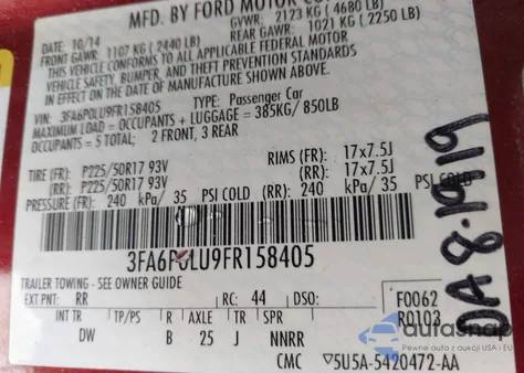 2015 Ford Fusion Hybrid Se из США, поврежденный, VIN 3FA6P0LU9FR158405